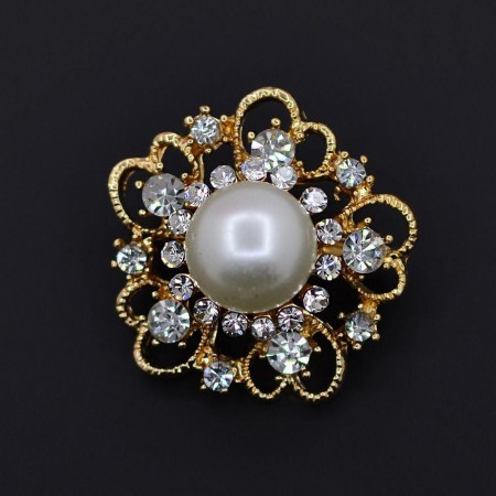 Позолоченная брошь с фианитами и жемчугом 175-58 фото | Brulik
