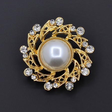 Позолоченная брошь с фианитами и жемчугом 154-69 фото | Brulik