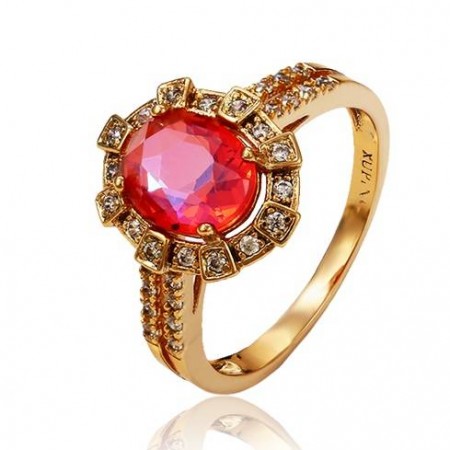 Потрясное кольцо в позолоте 13127 - красный корунд фото | Brulik