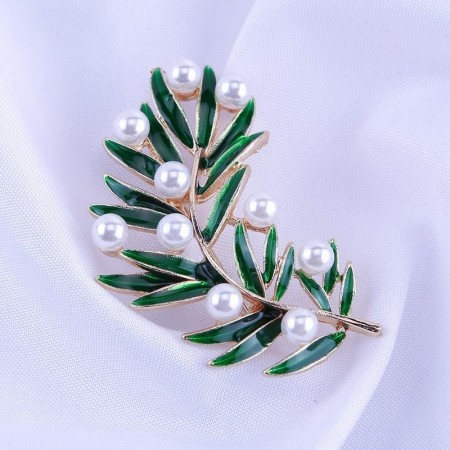 Брошь "Зеленая веточка с жемчугом"  8763 фото | Brulik