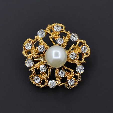 Позолоченная брошь с фианитами и жемчугом  143-54 фото | Brulik