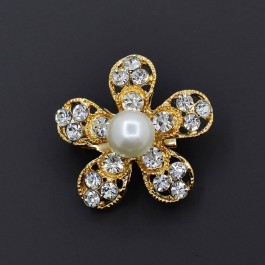 Позолоченная брошь с фианитами и жемчугом 152-74