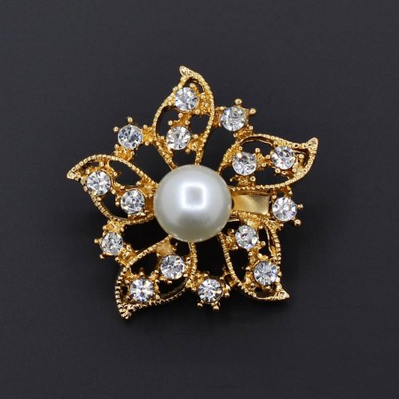 Позолоченная брошь с фианитами и жемчугом  254-67 фото | Brulik