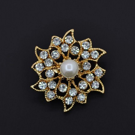 Позолоченная брошь с фианитами и жемчугом 254-65 фото | Brulik