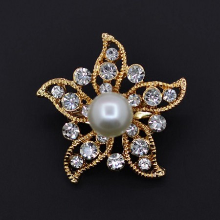 Позолоченная брошь с фианитами и жемчугом 156-58 фото | Brulik
