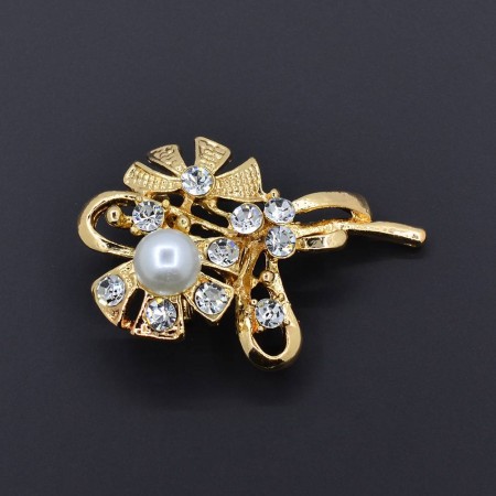 Нарядная брошь с фианитами и жемчугом оптом 201-02 фото | Brulik