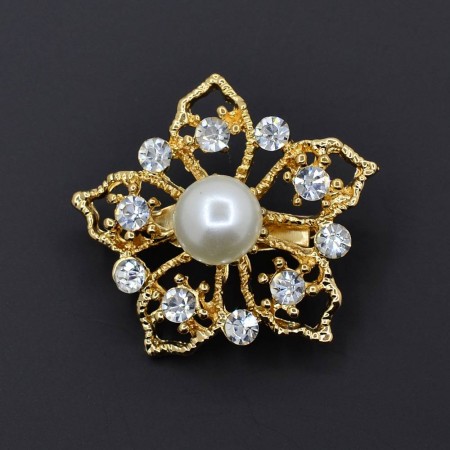 Позолоченная брошь с фианитами и жемчугом UR 143-76 фото | Brulik