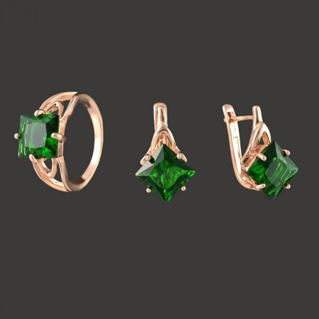 Позолоченный комплект  Fallon 81200102 - зеленые фианиты фото | Brulik