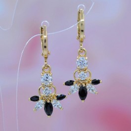 Позолоченные подвесные серьги с фианитами 18K 10-9355-черно-белый