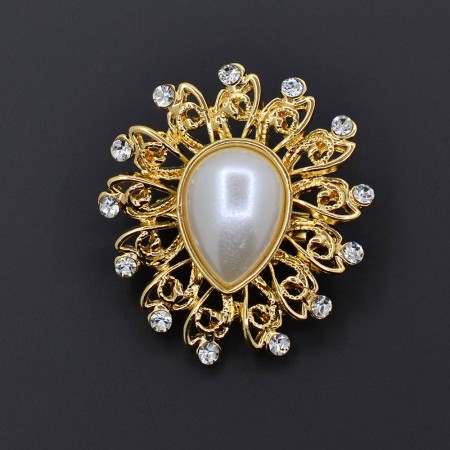 Позолоченная брошь с фианитами и жемчугом  158-98 фото | Brulik