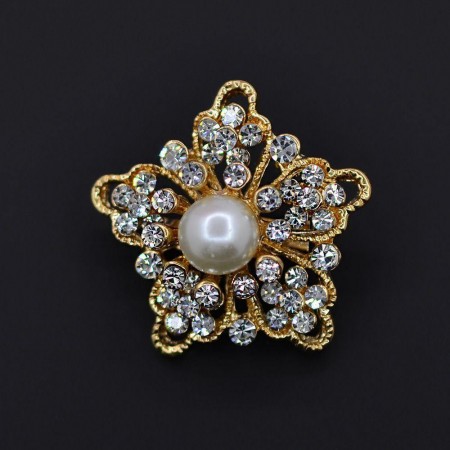 Позолоченная брошь с фианитами и жемчугом 158-89 фото | Brulik