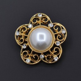 Позолоченная брошь с фианитами и жемчугом  321-71