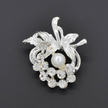 Хорошенькая брошь с фианитами и жемчугом XP ZA 113-62 фото | Brulik