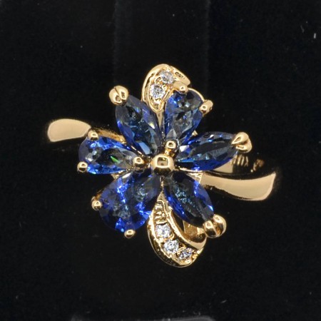 Чудесное позолоченное кольцо с фианитами 18К 10-1131-синий фото | Brulik