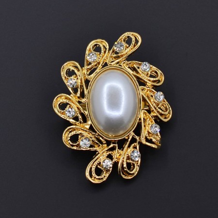 Позолоченная брошь с фианитами и жемчугом 321-69 фото | Brulik